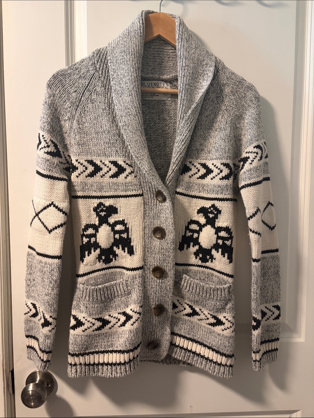Bluenotes Grey Cream & Black Patterned Shawl Cardigan
